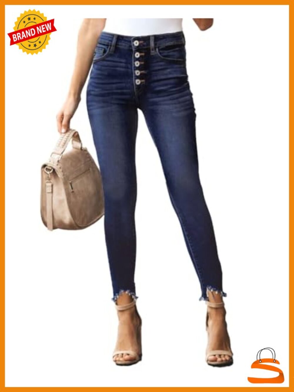 High Rise Skinny Stretch Button Ripped Jeans Destroyed Denim
